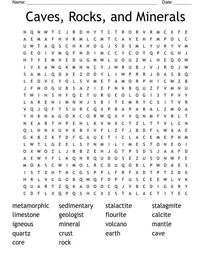 Caves, Rocks, and Minerals Word Search