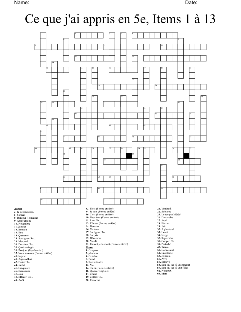 Ce que j'ai appris en 5e, Items 1 à 13 Crossword