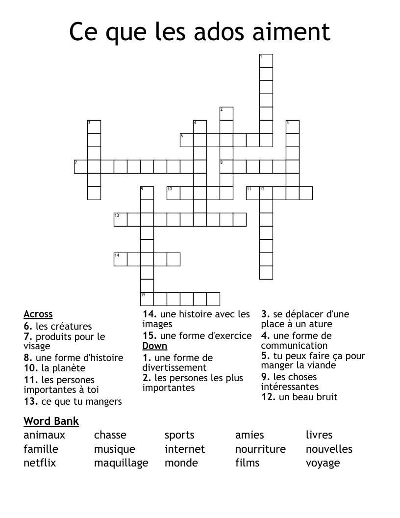Ce que les ados aiment Crossword