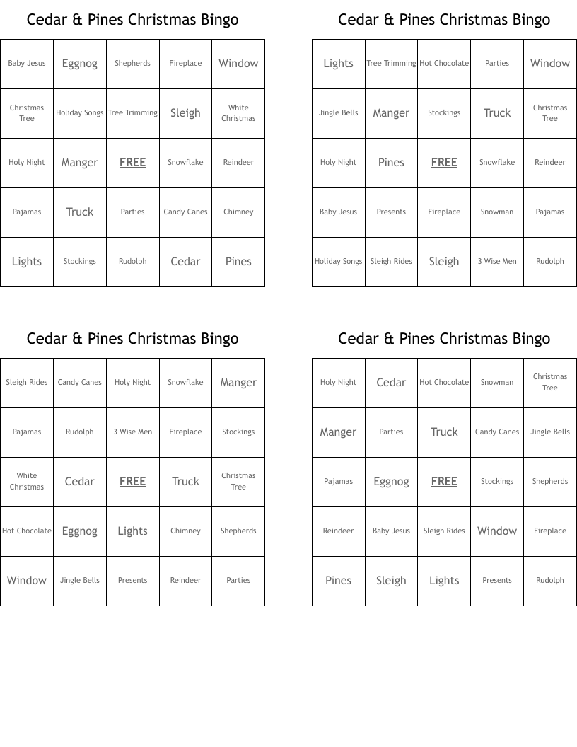 Cedar & Pines Christmas Bingo