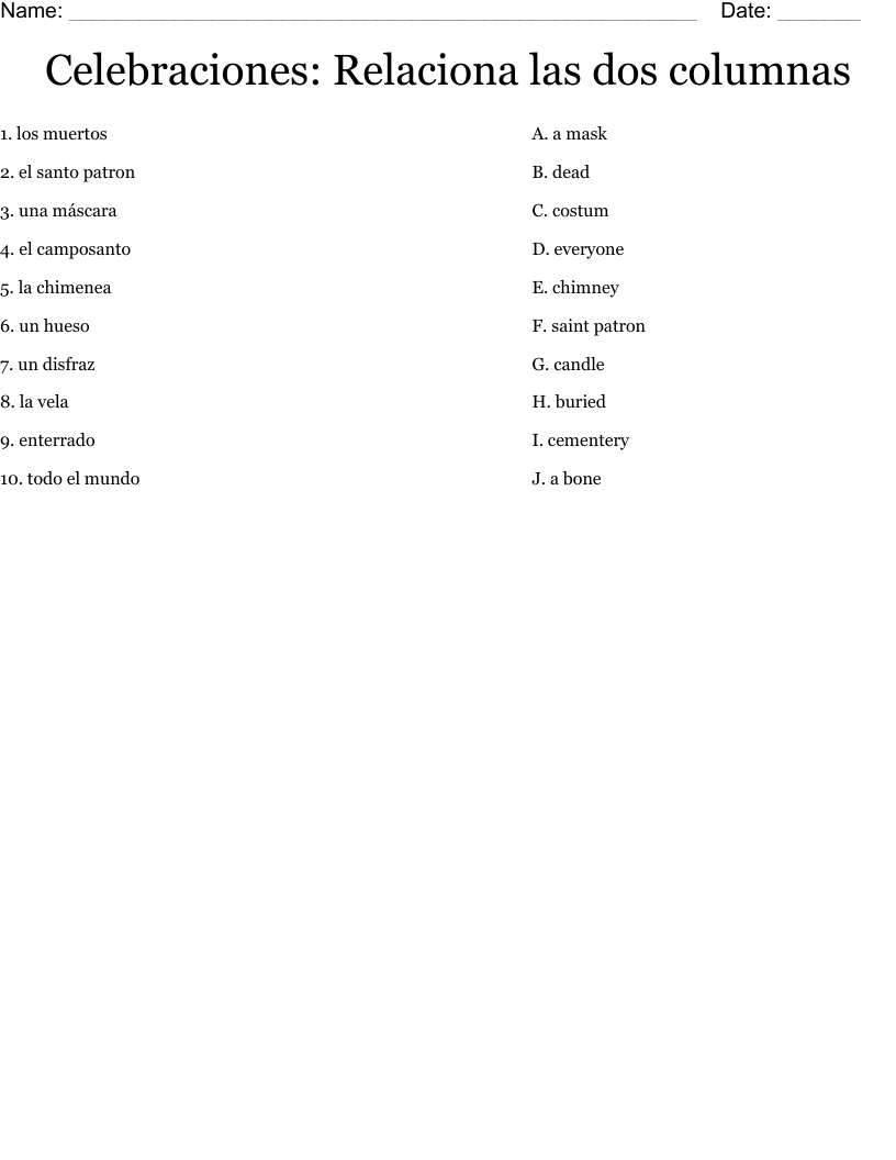 Celebraciones: Relaciona las dos columnas Worksheet