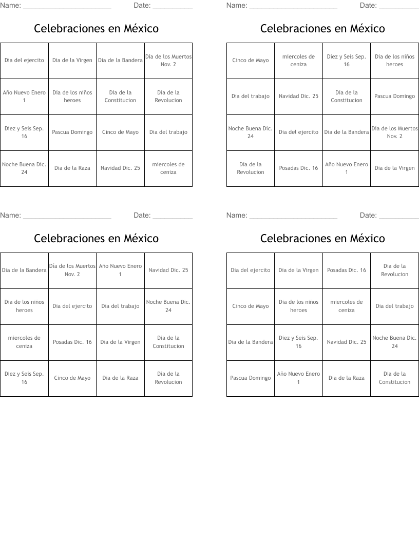 Celebraciones en México Bingo Cards
