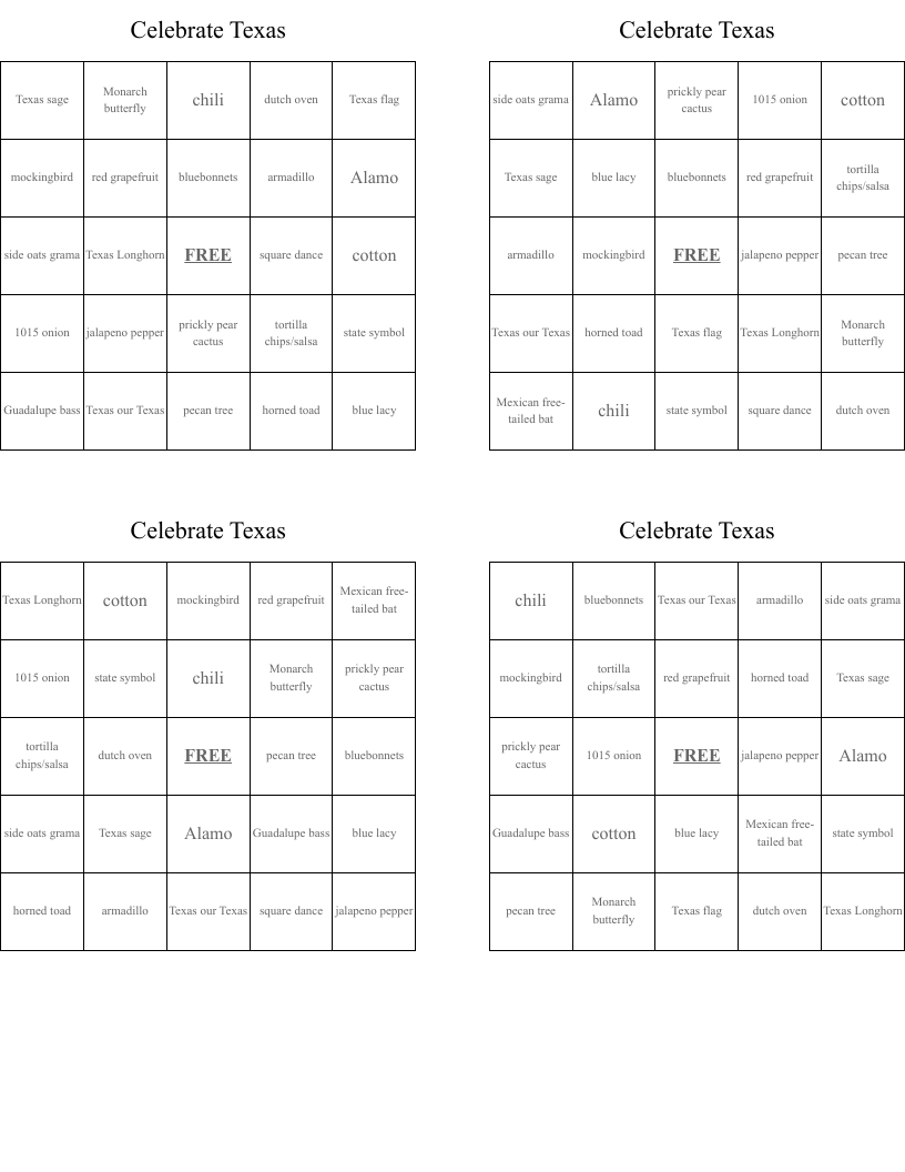 Celebrate Texas Bingo Cards