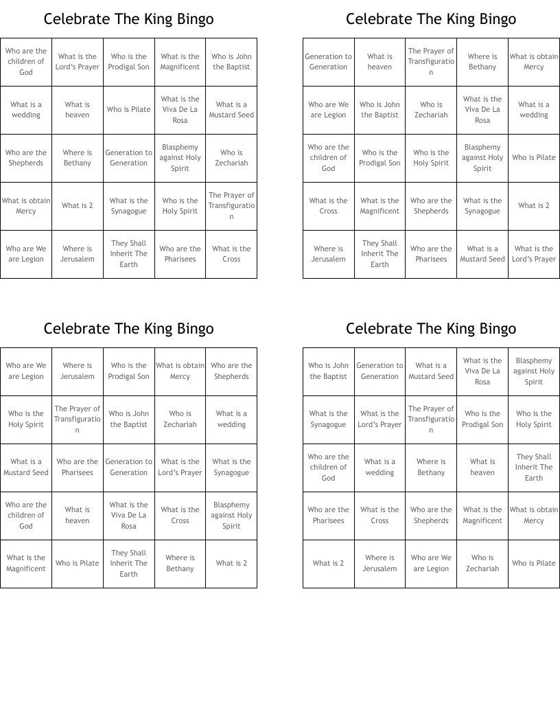 Celebrate The King Bingo
