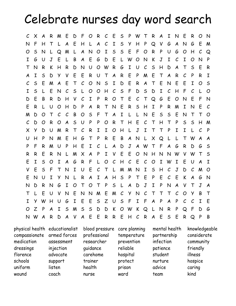 Celebrate nurses day word search