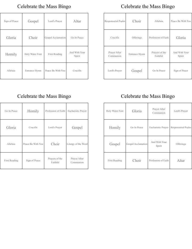 Celebrate the Mass Bingo