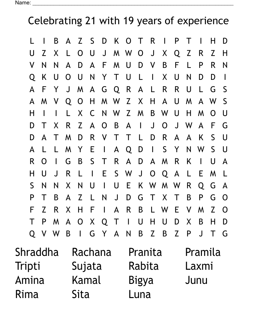 Celebrating 21 with 19 years of experience  Word Search