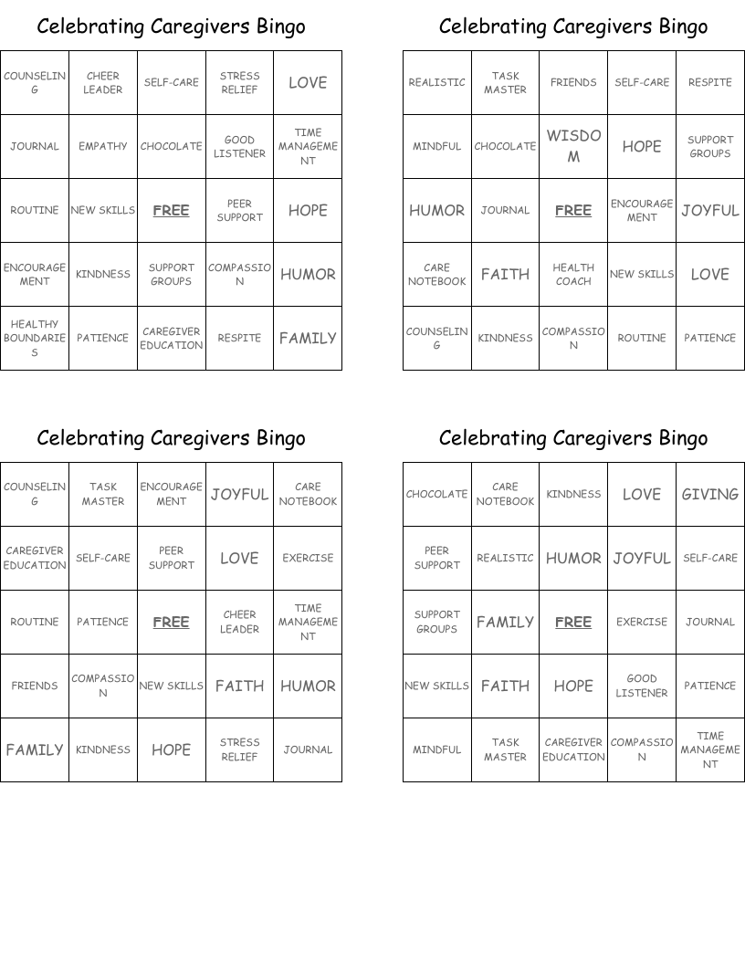 Celebrating Caregivers Bingo