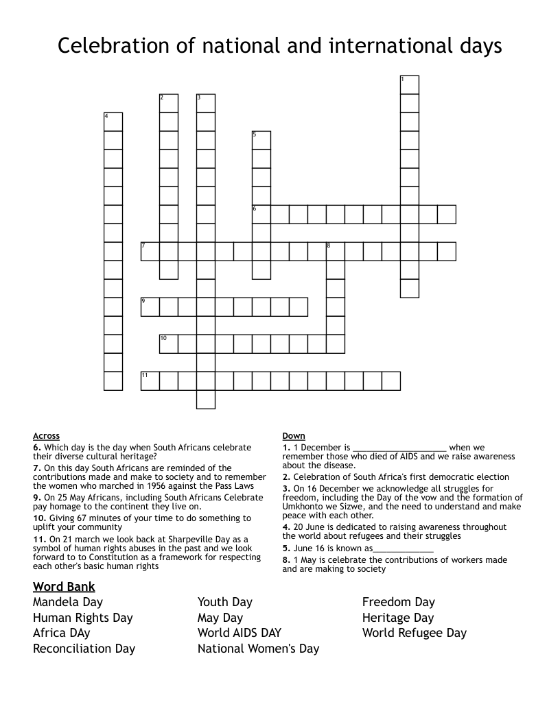 Celebration of national and international days Crossword