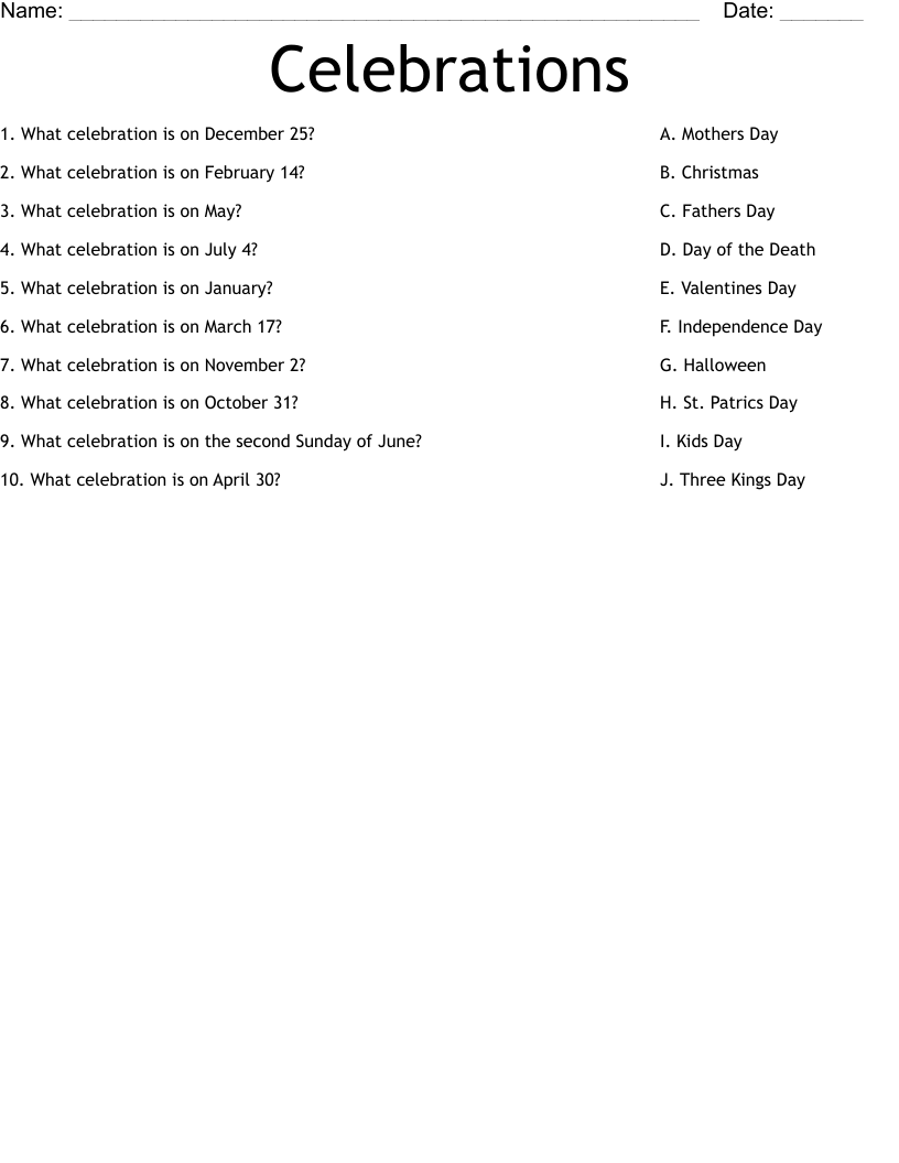 Celebrations Worksheet