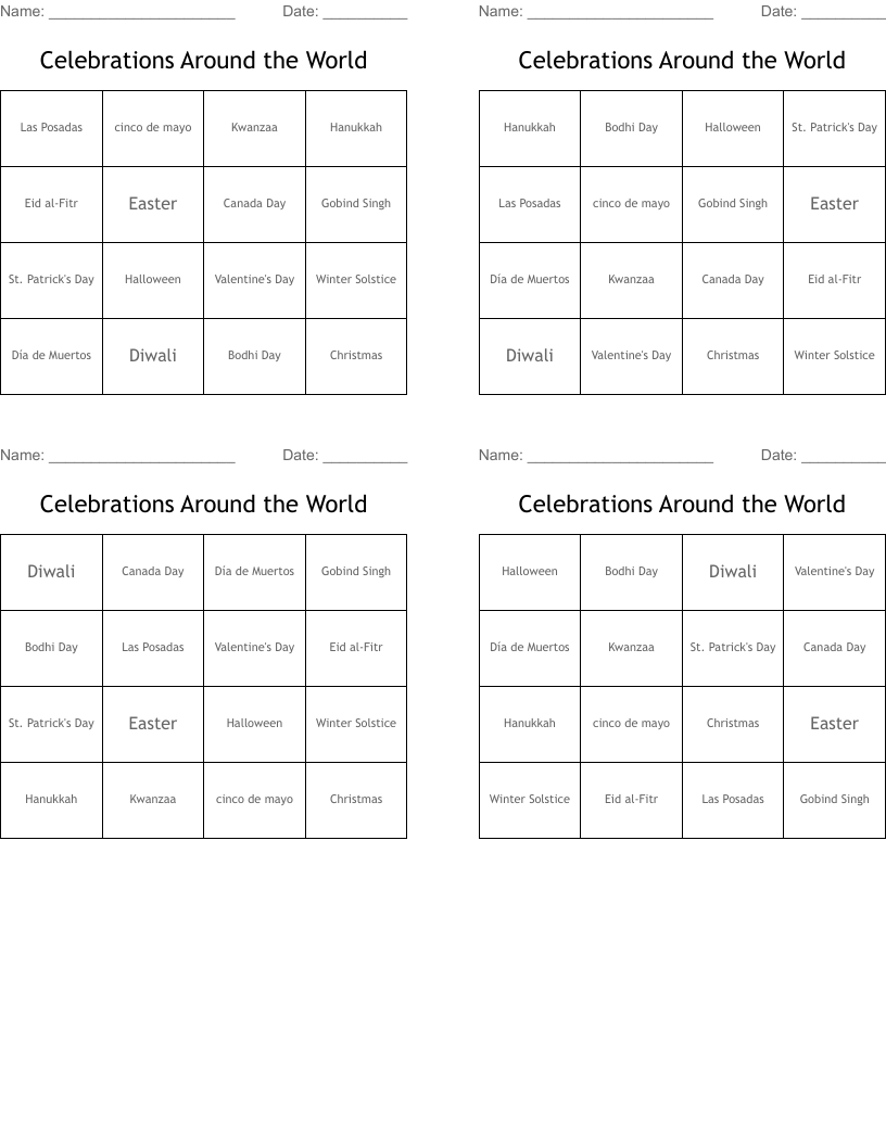Celebrations Around the World Bingo Cards