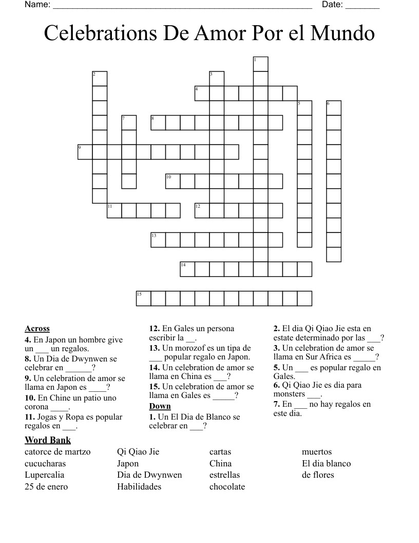 Celebrations De Amor Por el Mundo Crossword