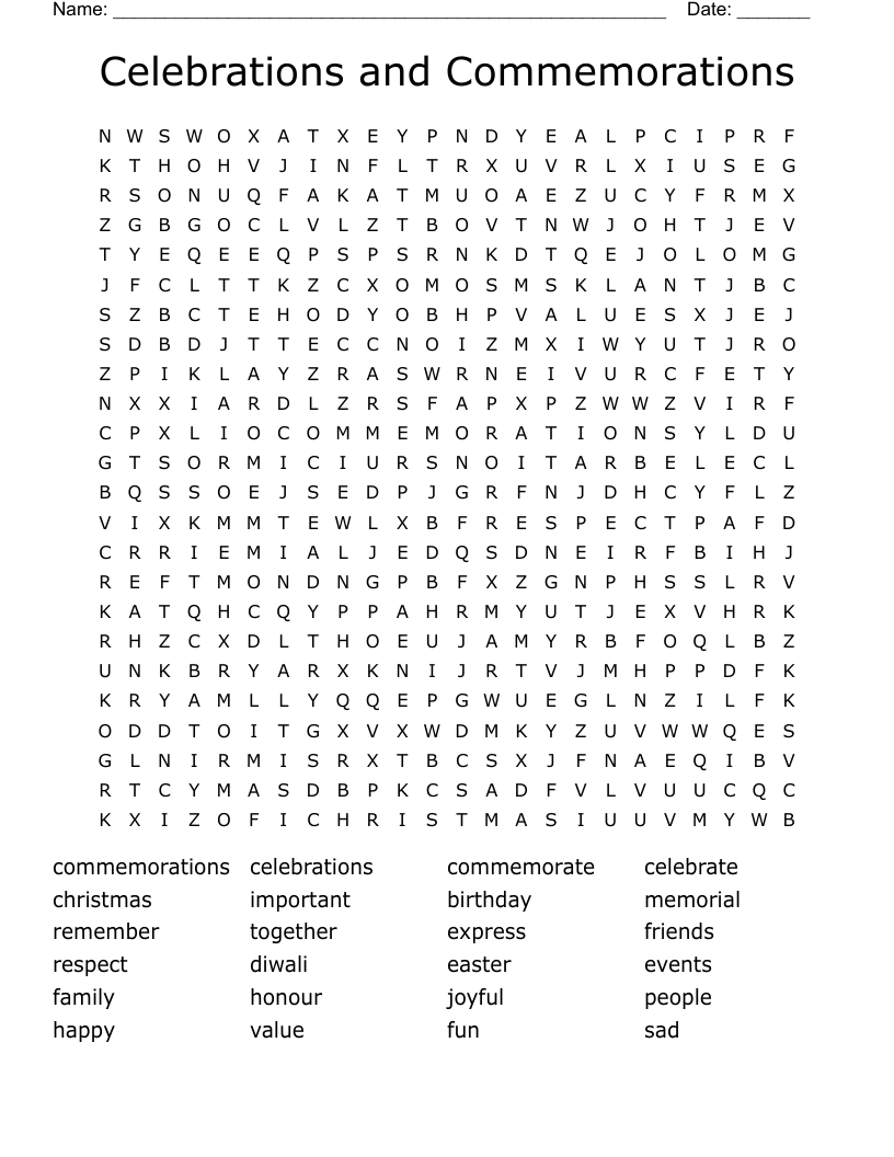 Celebrations and Commemorations  Word Search