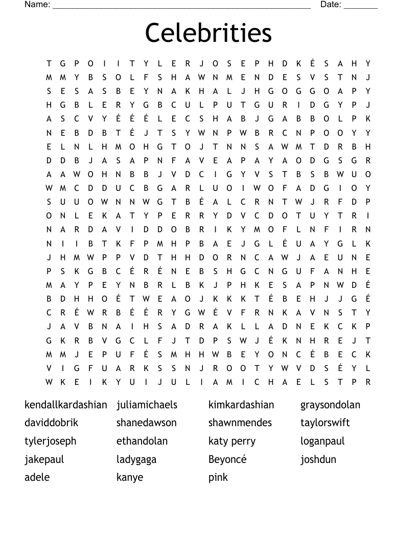 Celebrities Word Search