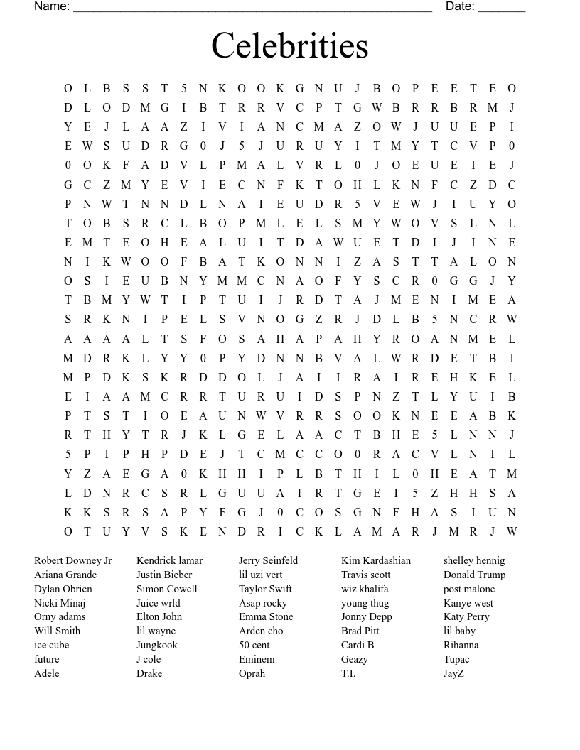 Celebrities  Word Search