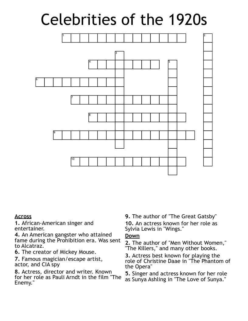 Celebrities of the 1920s Crossword