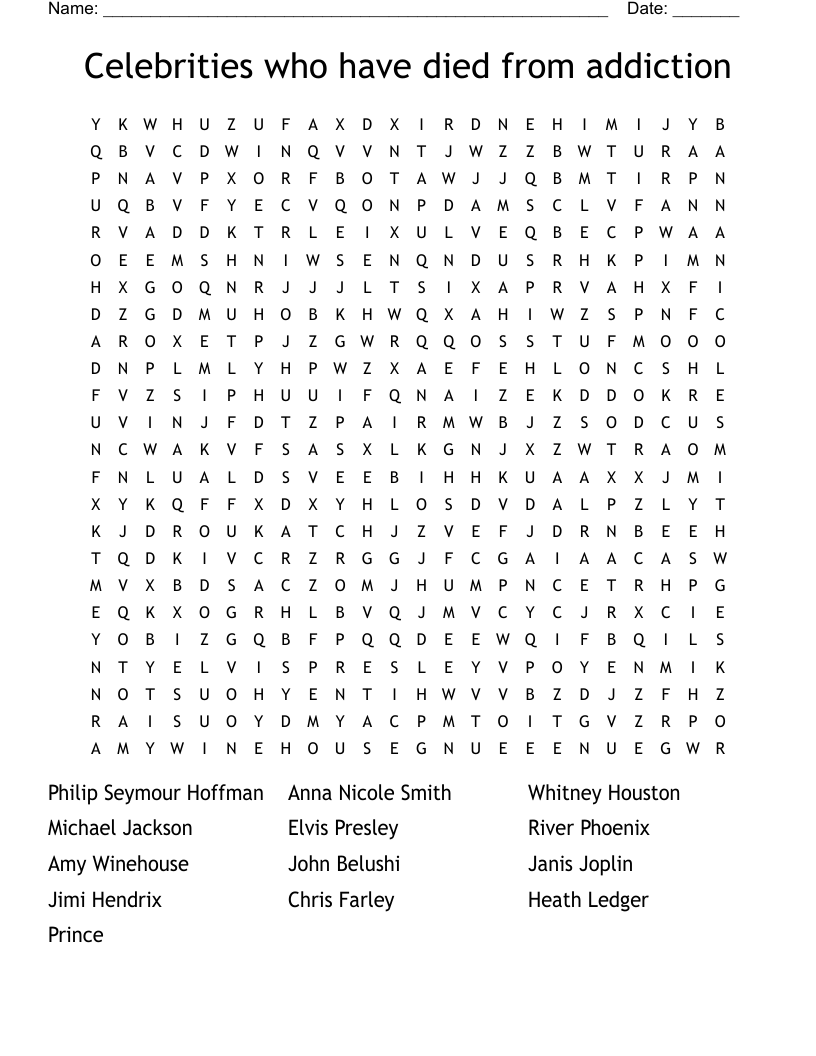 Celebrities who have died from addiction Word Search