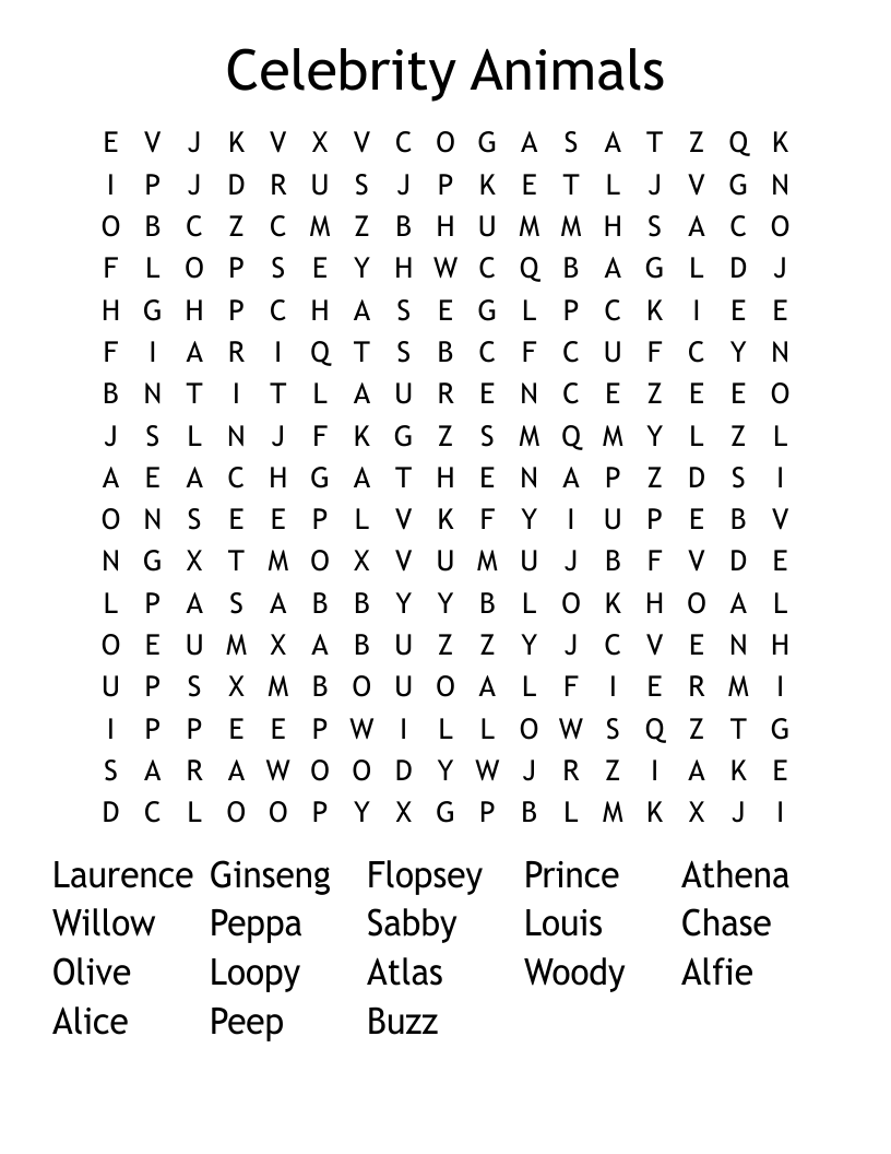 Celebrity Animals Word Search
