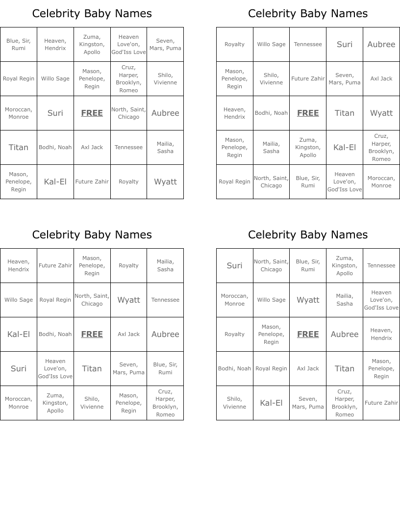 Celebrity Baby Names Bingo Cards