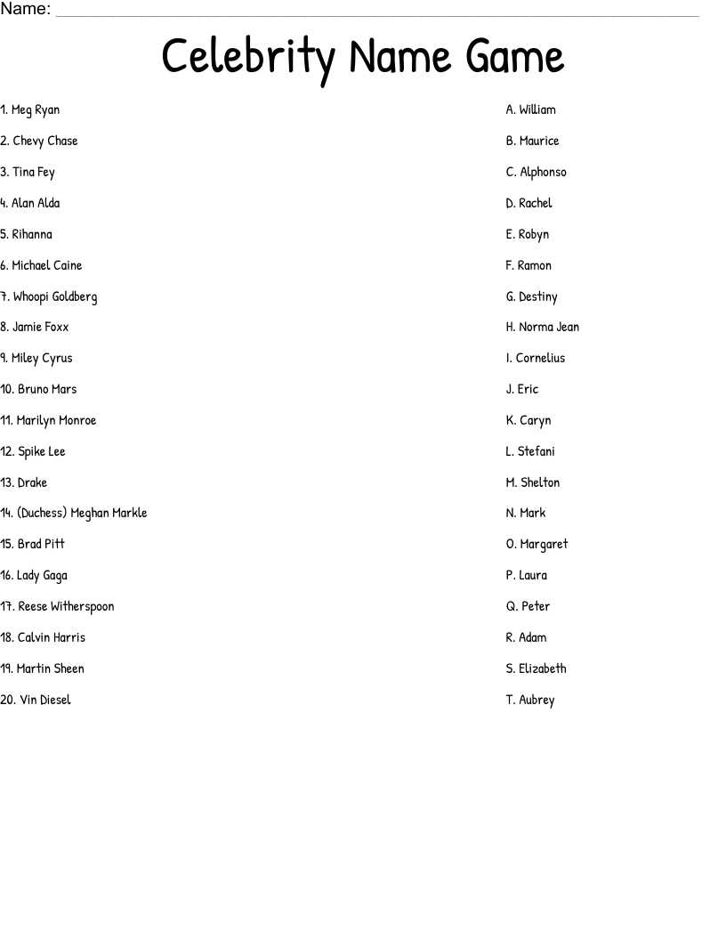 Celebrity Name Game Worksheet
