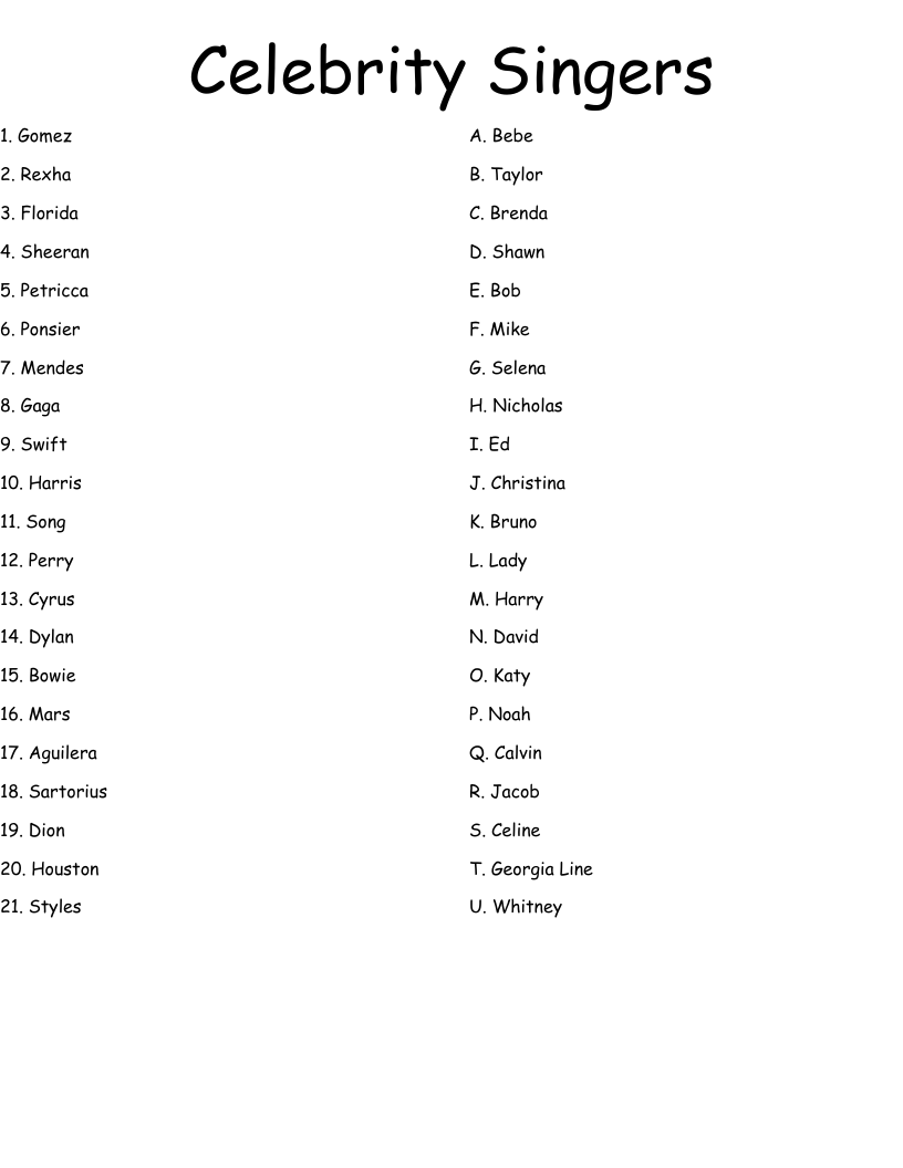Celebrity Singers Worksheet