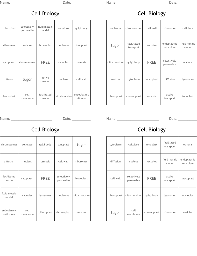 Cell Biology Bingo Cards