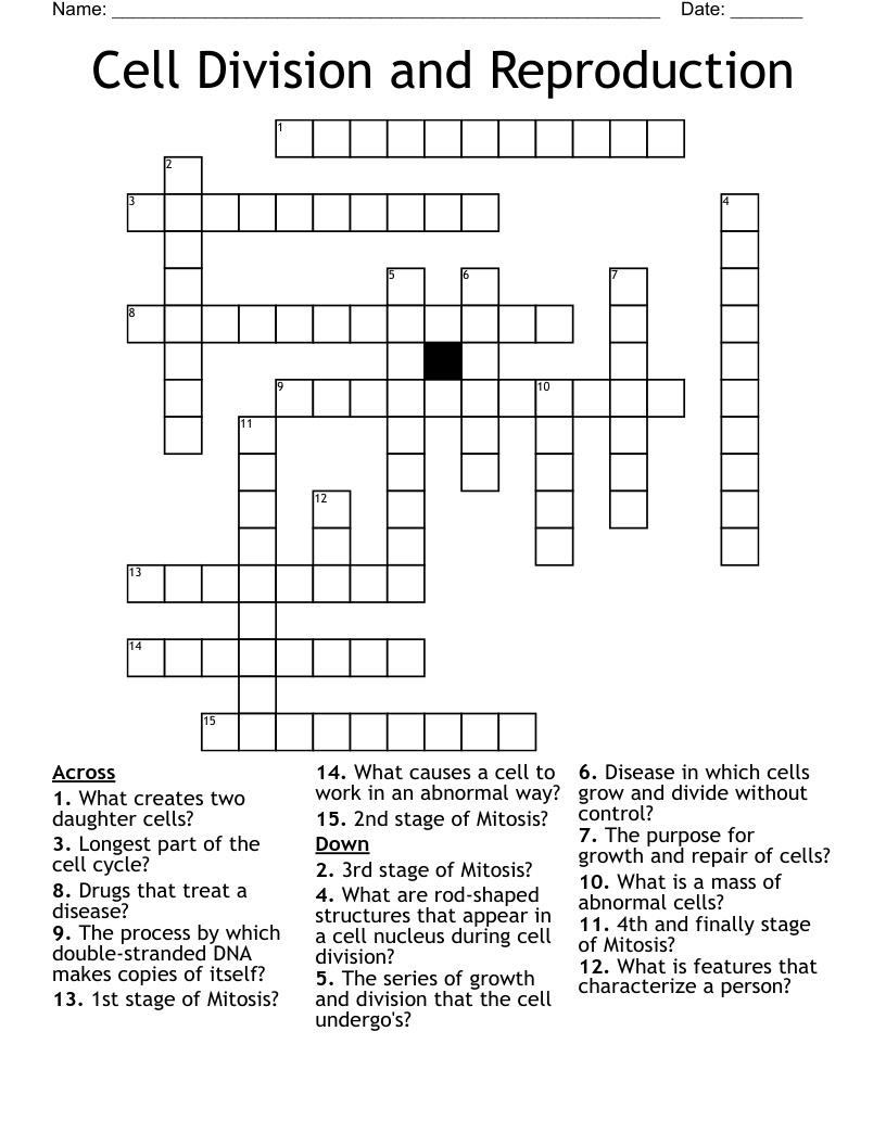 Cell Division and Reproduction Crossword