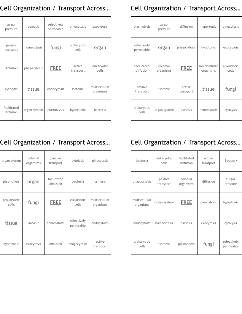 Cell Organization / Transport Across Membranes Bingo Cards