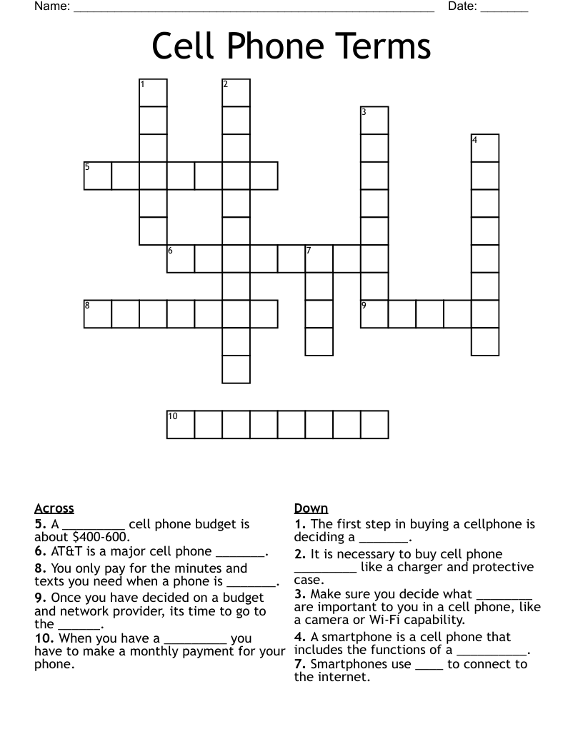 Cell Phone Terms Crossword