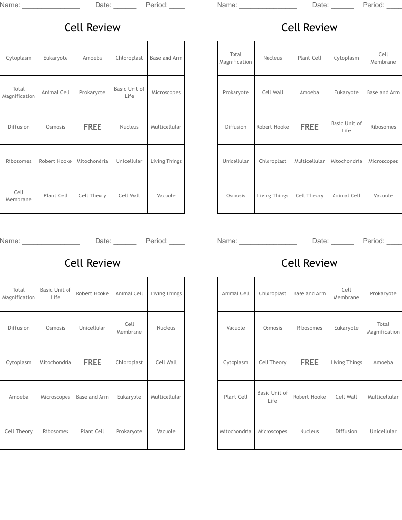 Cell Review Bingo Cards