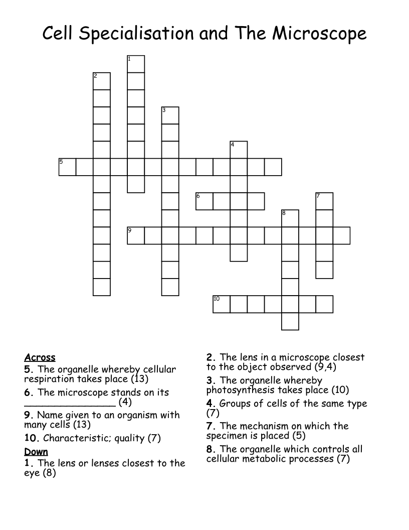 Cell Specialisation and The Microscope Crossword