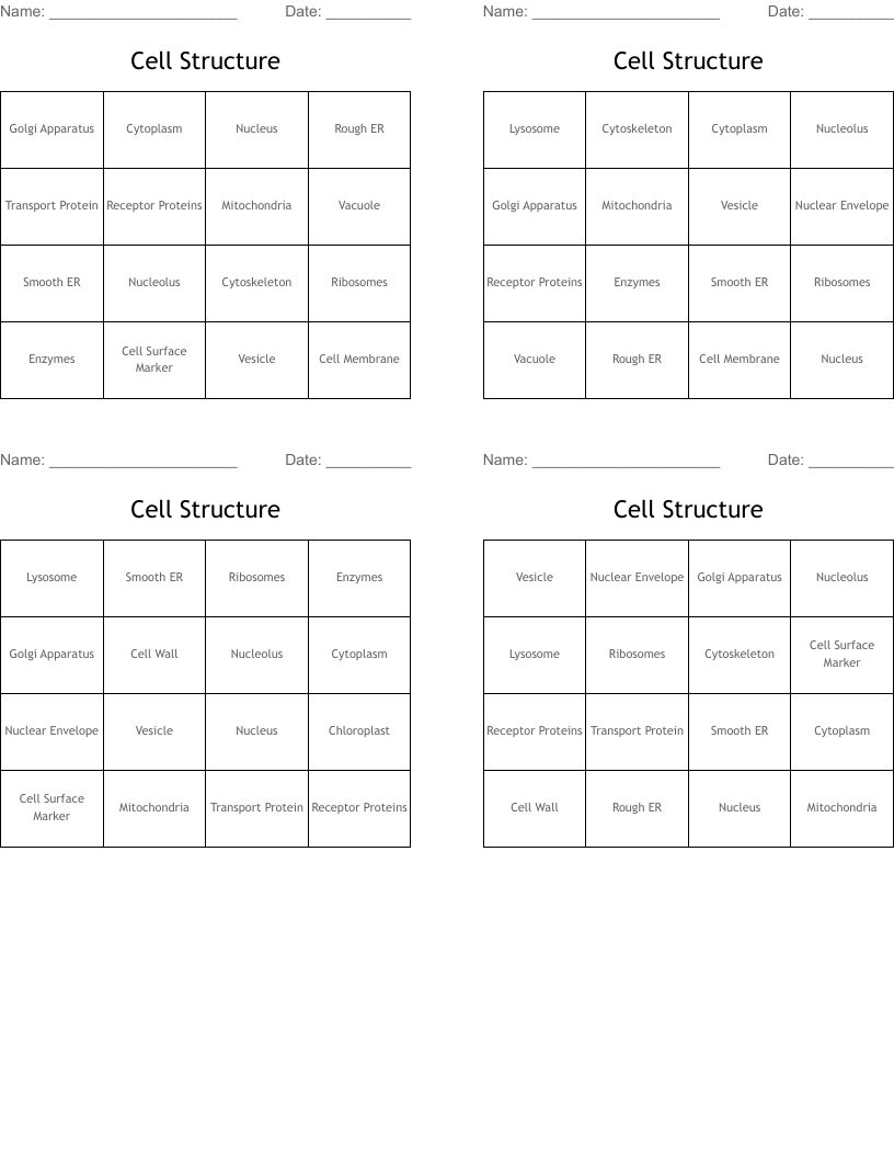 Cell Structure Bingo Cards