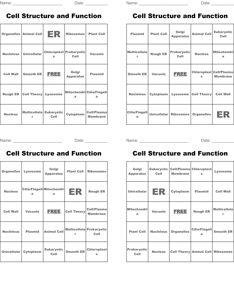 Cell Structure and Function Bingo Cards