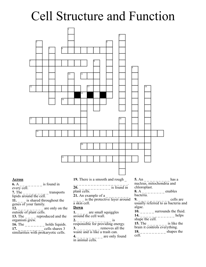 Cell Structure and Function Crossword