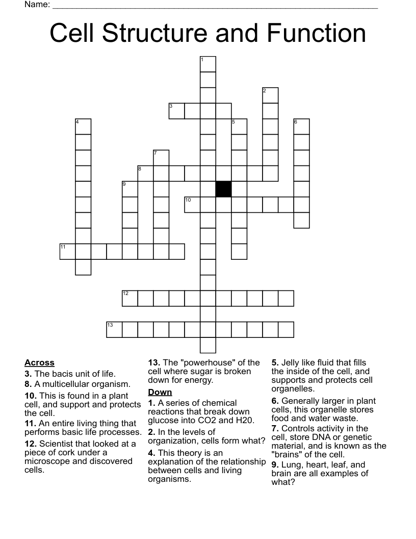 Cell Structure and Function Crossword