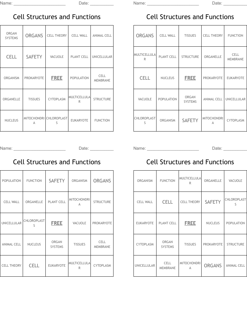 Cell Structures and Functions Bingo Cards