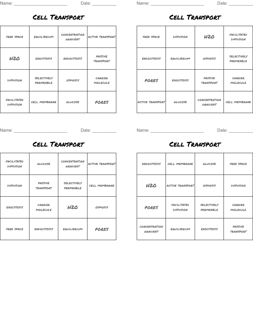 Cell Transport Bingo Cards