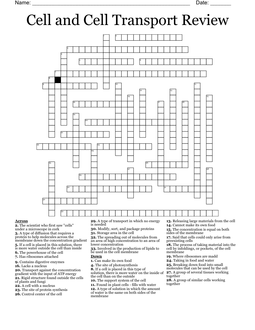 Cell and Cell Transport Review Crossword