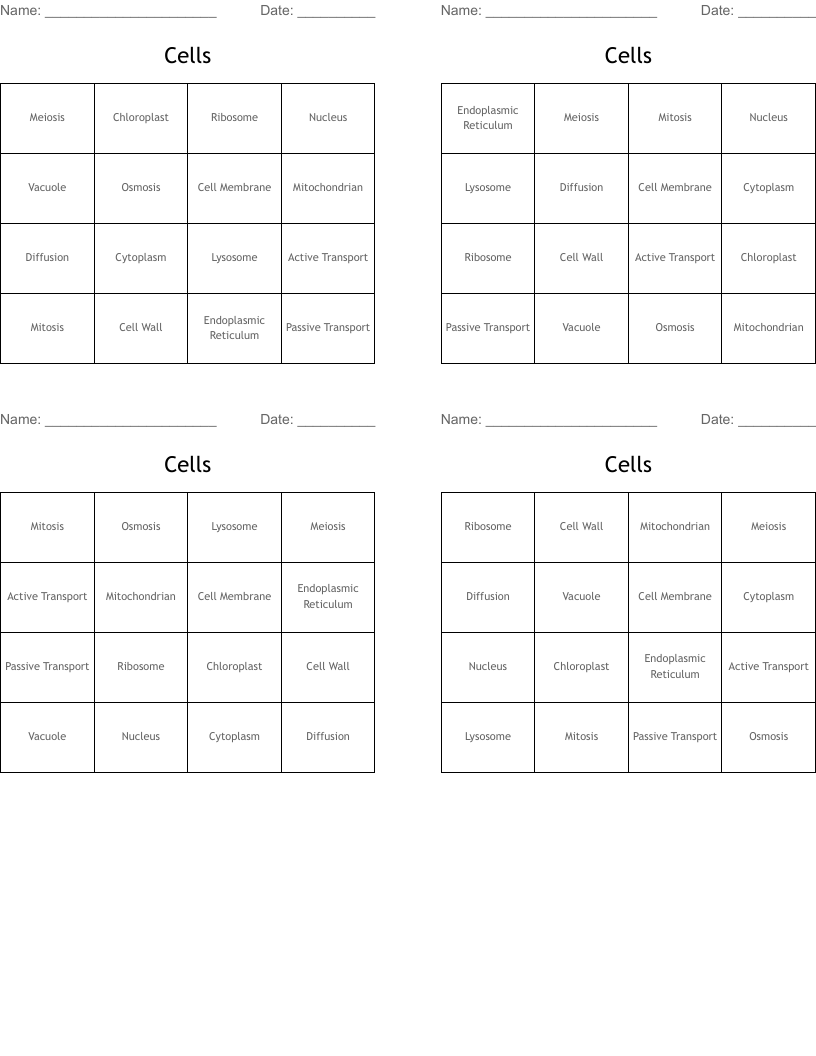 Cells Bingo Cards