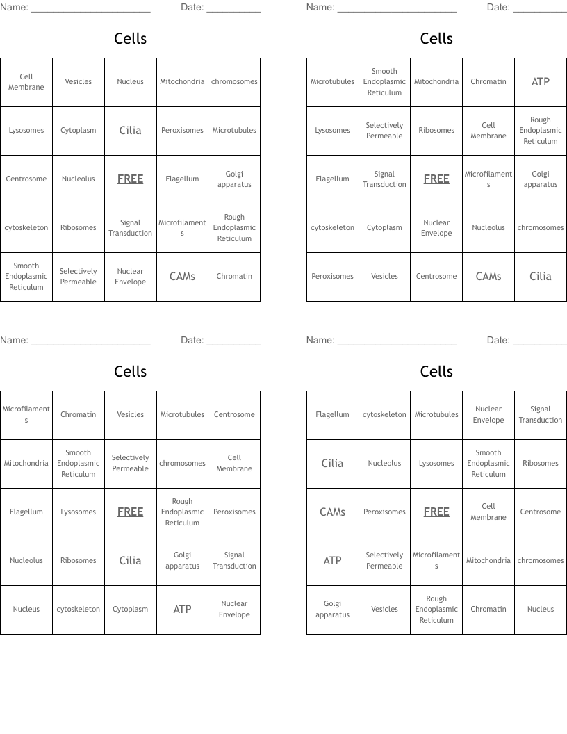 Cells Bingo Cards