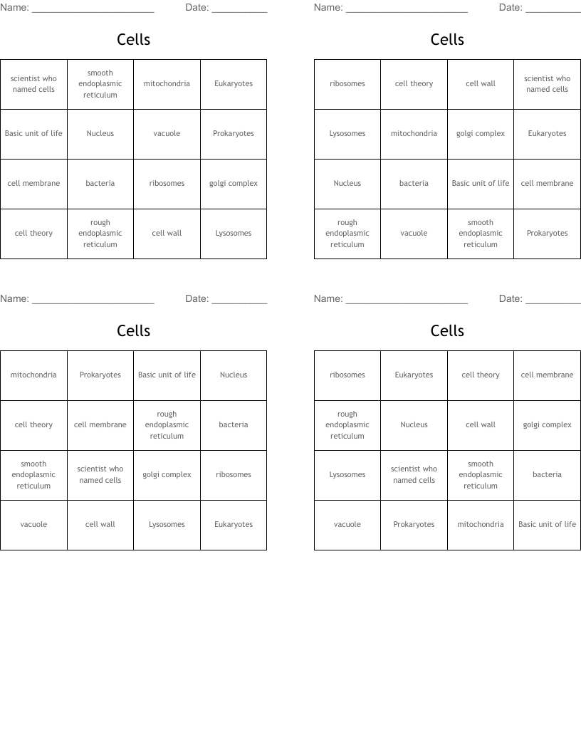 Cells Bingo Cards