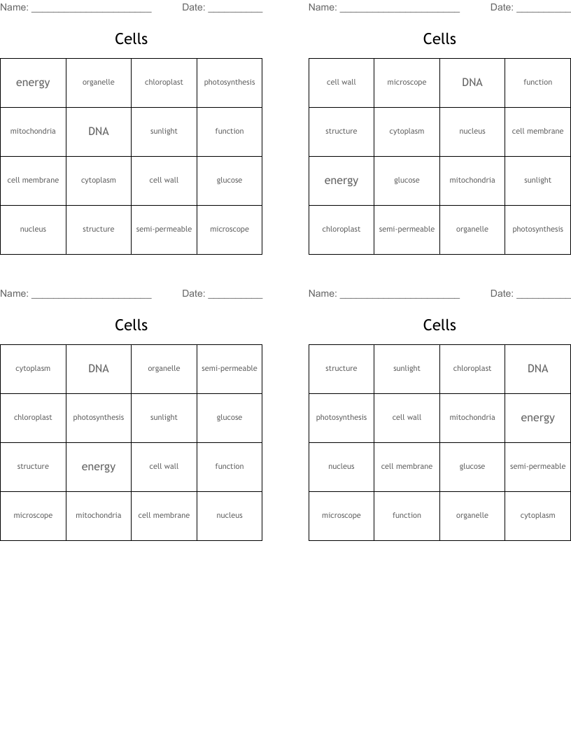 Cells Bingo Cards