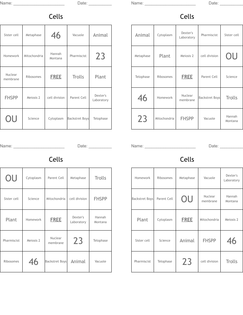Cells Bingo Cards