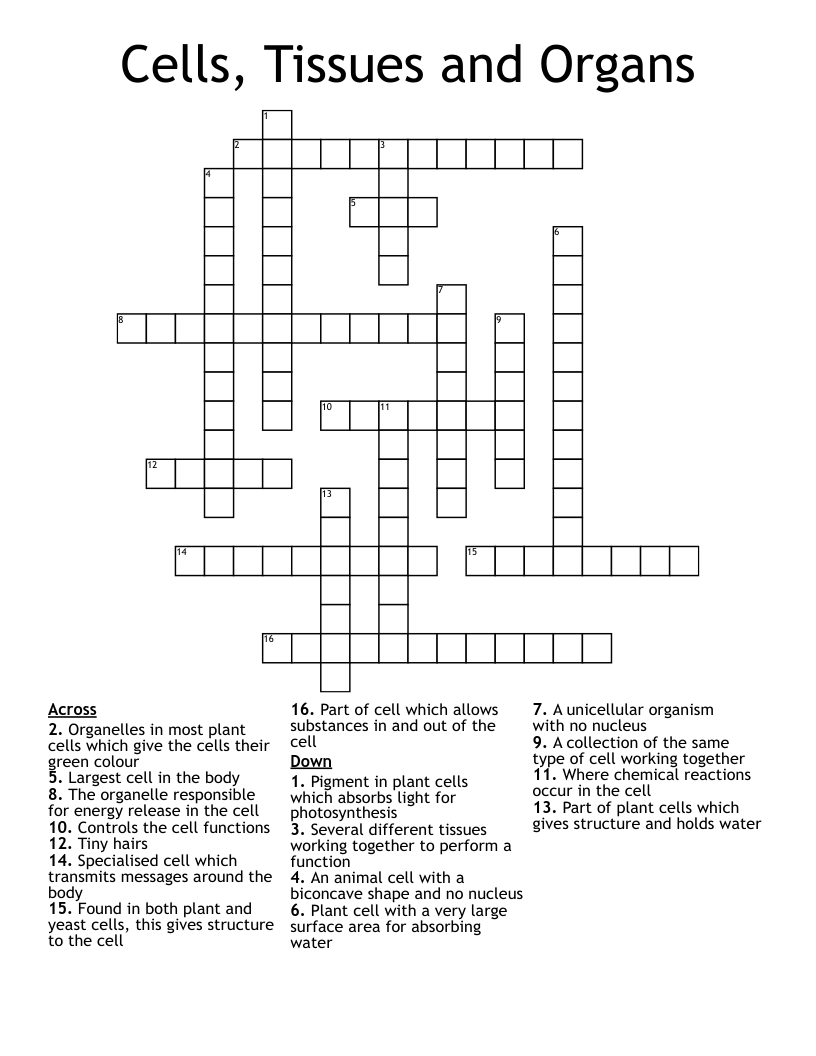 Cells, Tissues and Organs Crossword