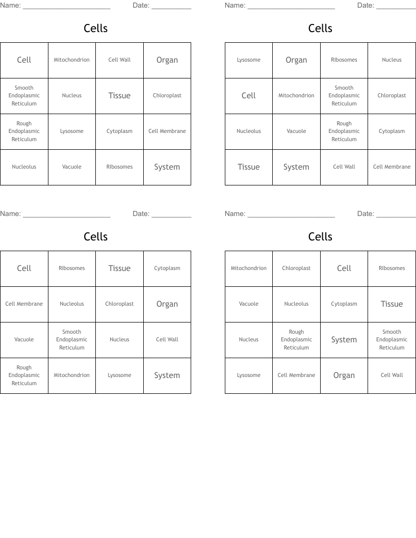 Cells  Bingo Cards