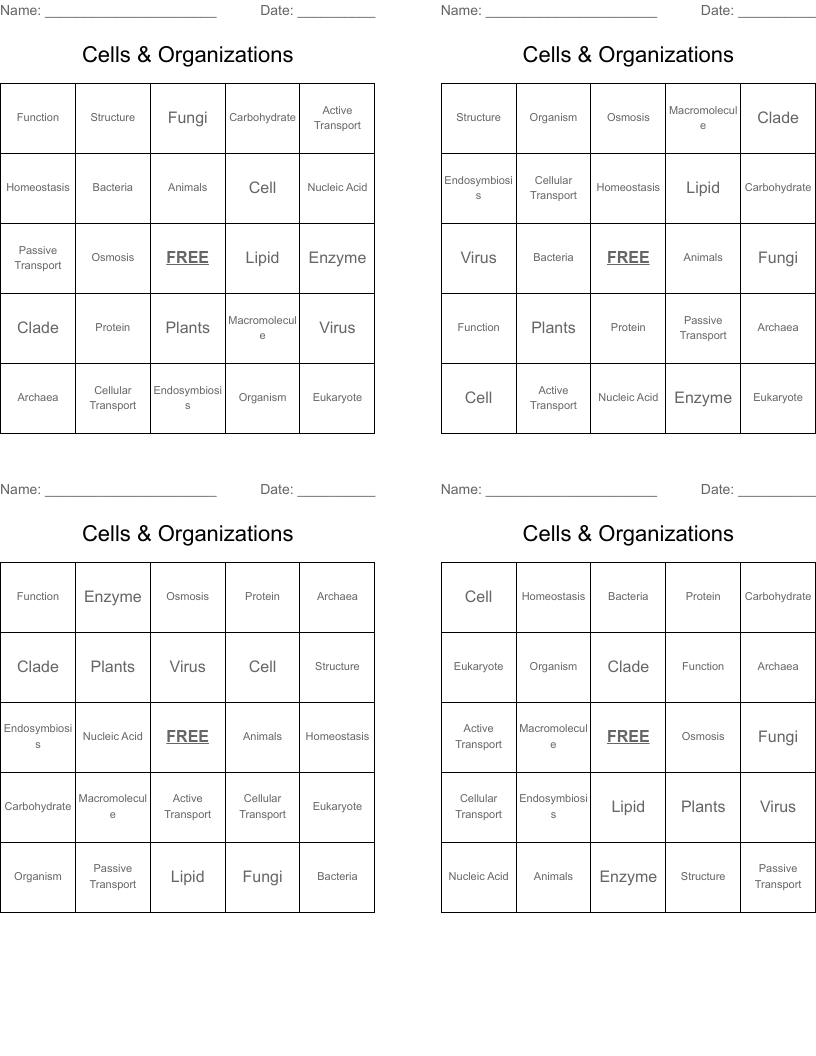 Cells & Organizations Bingo Cards