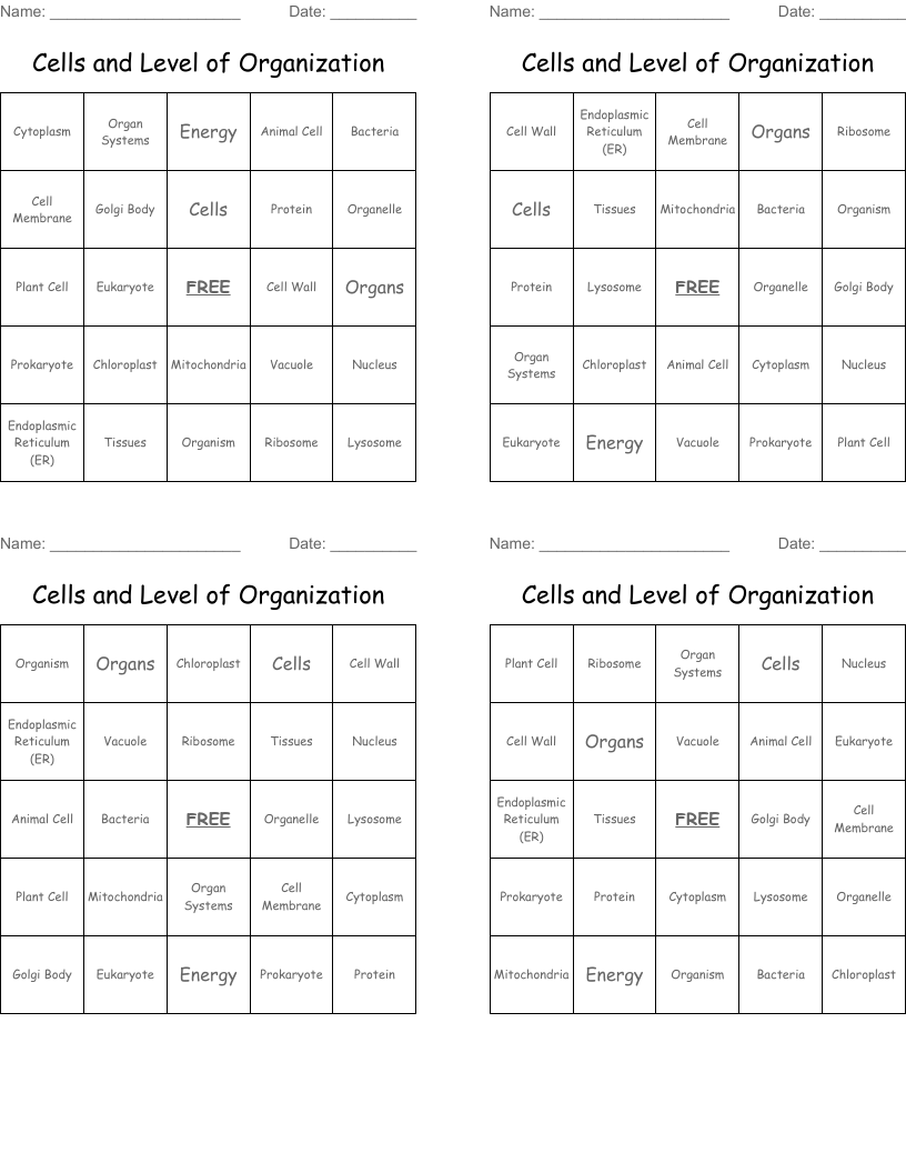 Cells and Level of Organization Bingo Cards