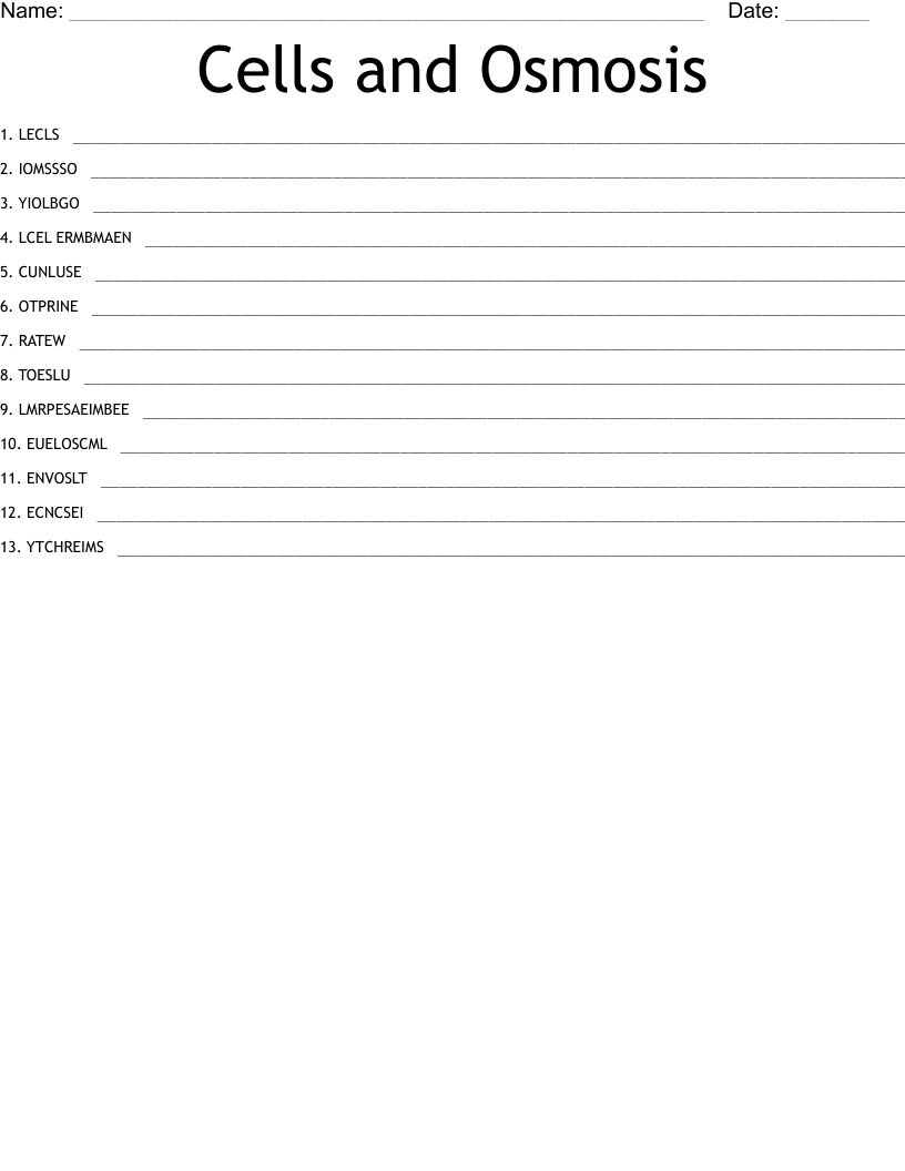 Cells and Osmosis Word Scramble