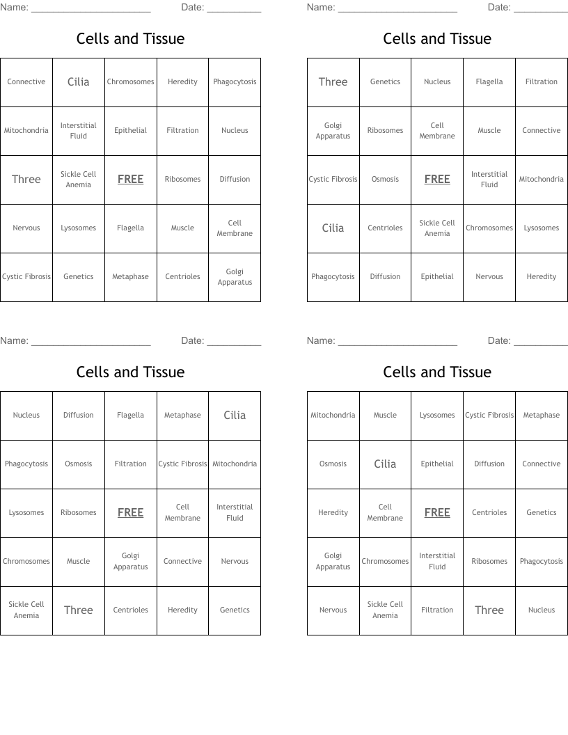 Cells and Tissue  Bingo Cards