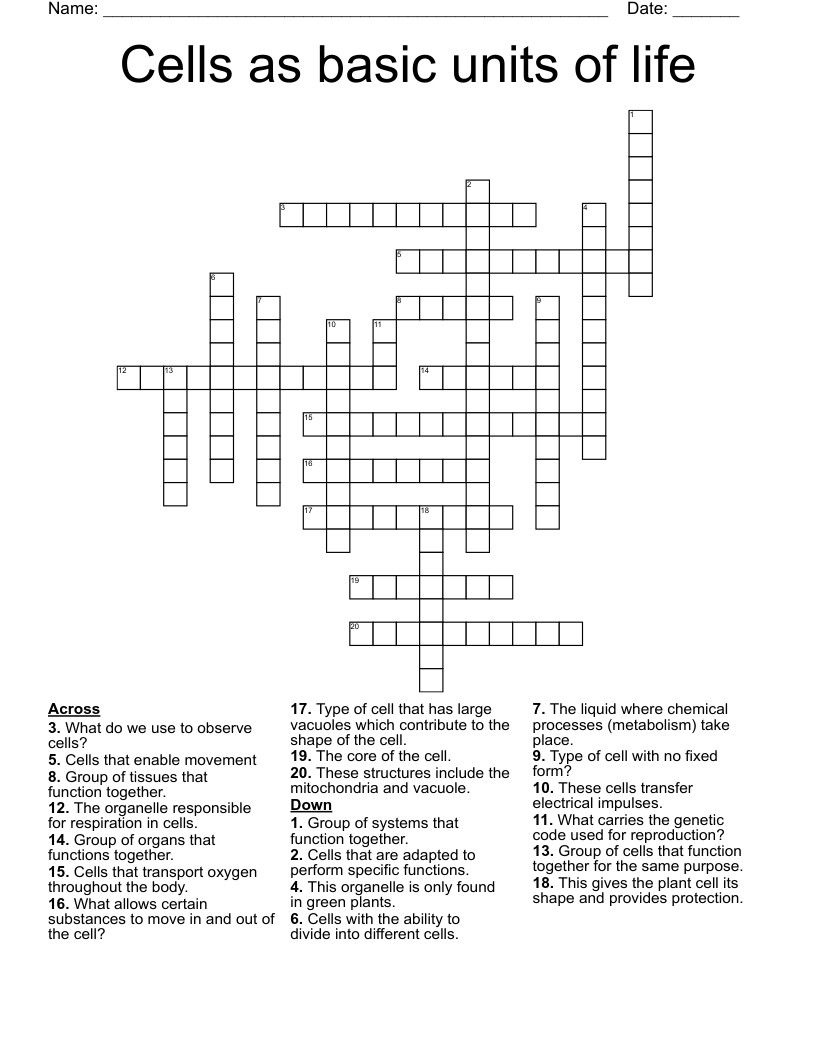 Cells as basic units of life Crossword